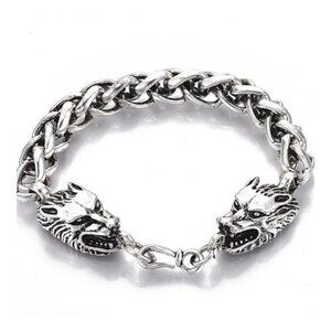 Men's Antique Silver Dragon Bracelet - Heavy Wheat Chain - Viking Style - 8.8"